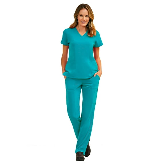 Maevn Pure Women's 3 Panel V-Nect Top & Relaxed-Fit Elastic Drawstring Cargo Pant Scrub Set