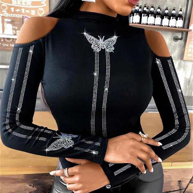 ICHUANYI Clearance Women Summer Auatumn Fashion Sexy Strapless Solid O-Neck Full-Sleeve Tops Blouse(Black, L) Ichuanyi Ichuanyi