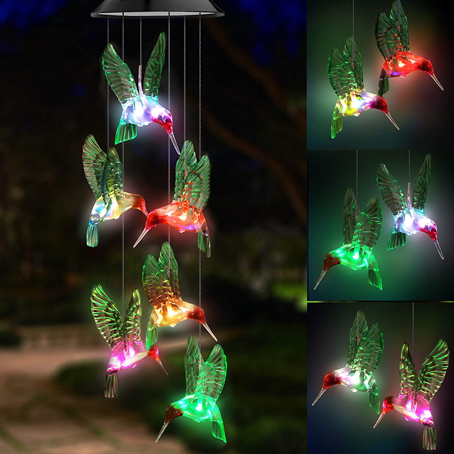 LED Color Changing Solar Wind Chimes Lights Hanging Hummingbird Ball Garden Lamp 