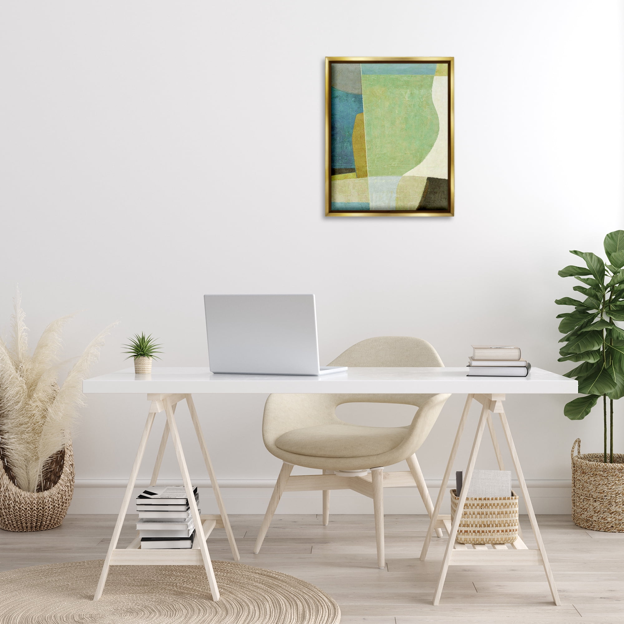 Stupell Industries Green Geometric Collage Abstract Painting Gold Floater Framed Canvas Art Print Wall Art, 17 x 21