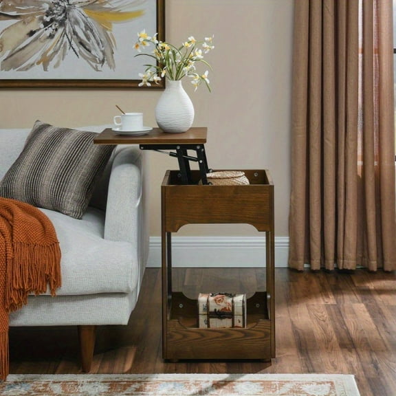 Mid Century Modern Lift Top Small Side Table - Rising End Table with Storage Shelf for Living Room, Office, Reception
