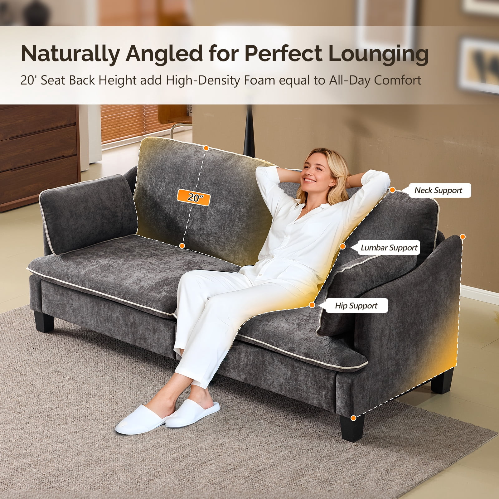 Ktaxon 84" Sofa, Linen Fabric Deep Seat Couch with Lumbar Pillows, Oversized Loveseat for Small Spaces, Living Room Black