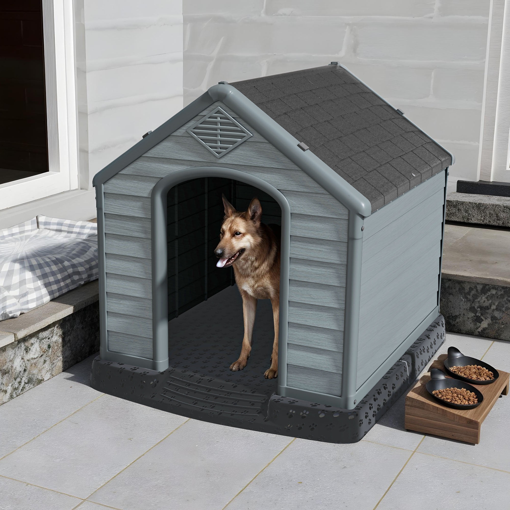Uforic Large Waterproof Plastic Dog House with Air Vents and Elevated Floor, Outdoor Indoor Doghouse Puppy Shelter,Black+Gray,41''Lx 38''Wx 39''H