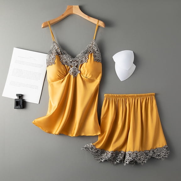Vivianyo HD Sleepwear for Women Women Sling Shorts Lace Trim Two Piece Home Service Homewear Pajamas Set Rollbacks Yellow