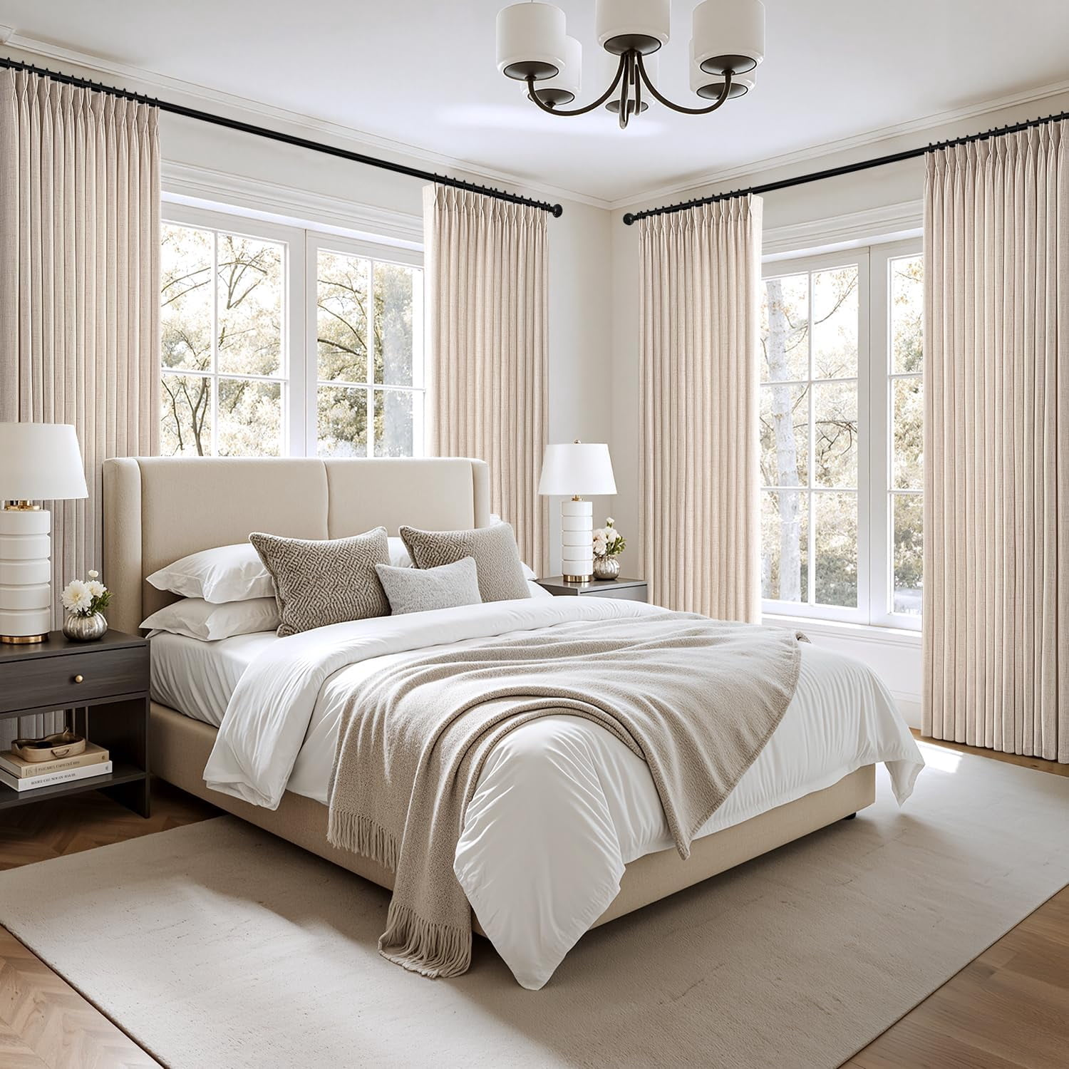 Pinch Pleated Thick Linen Curtains 90 Inch Long 4 Panels Set Back Tab Memory Trained Pinch Pleat Semi Sheer Light Filtering Privacy Curtains Let Light in Window Drapes for Living Room Bedroom