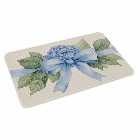 Hydrangea Flower Doormat Outdoor Entrance 24"x36", Pastoral Blue Bow Floral Spring Lraf Absorb Moisture Dirt Door Mats, Non-Slip Rubber Backing Floor Mats Indoor, Low-Profile Front Door Rugs