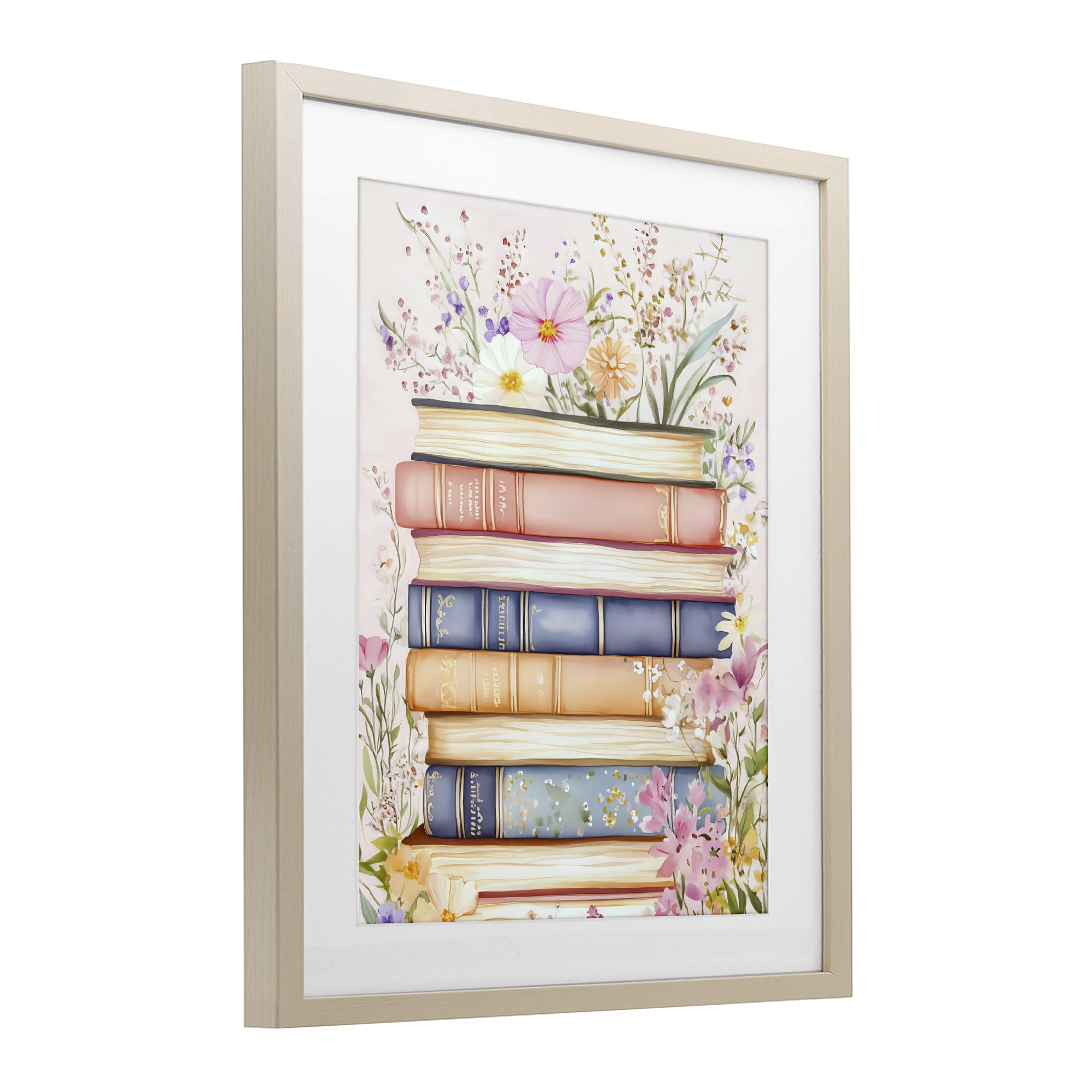 Stupell Industries Blooming Bookstack in Pastels Birch Framed Print Under Glass, design by LSR Design Studio