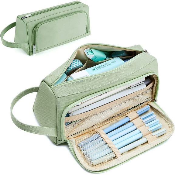 Big Pencil Case,Large Capacity Aesthetic Pencil Pouch for Teen Portable Pen Bag with Zipper for Office Travel (Green)