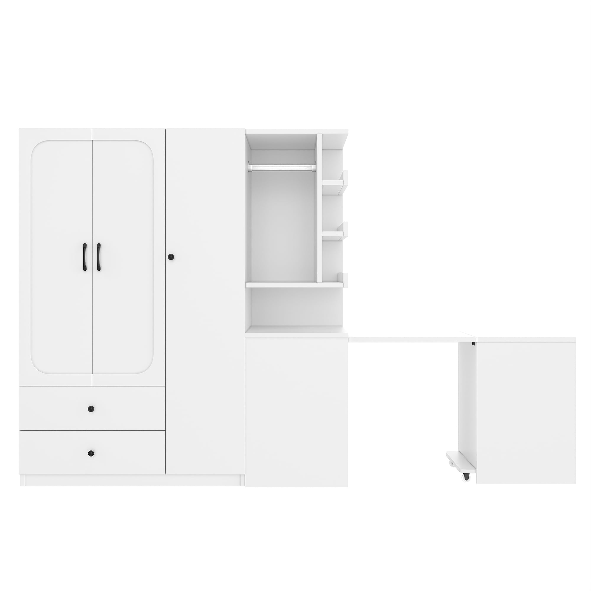 Mintazer Multifunctional Wardrobe Closet with Convertible Foldable Desk & Open Shelves, Clothes Storage Cabinet with Hanging Rod & Drawers for Bedroom Cloakroom Apartment, White