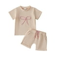 thumbnail image 2 of Spazoro Toddler Girls Cute Outfit Sets, Cotton 2-Pieces Solid Color Summer Short Sleeve Shirt and Shorts Sets Beige Size 2 T, 2 of 9