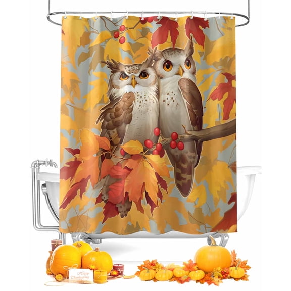 Fall Shower Curtain Owl Standard in the Branch Bathroom Curtains with Hooks, Waterproof Fabric Berry Maple Leaves Thanksgiving Bath Shower Curtains Set for Bathroom Bathtubs Decor 36x72 Inch