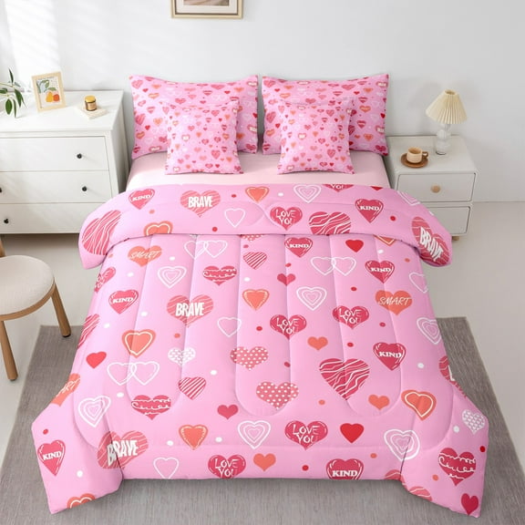 Manfei Cartoon Loves Pattern 7-Piece Twin Bedding Sets,Girl Heart Print Bedding Comforter Set,Dreamy Pink Sheet Sets For Kids,Microfiber Bedroom Decor Reversible