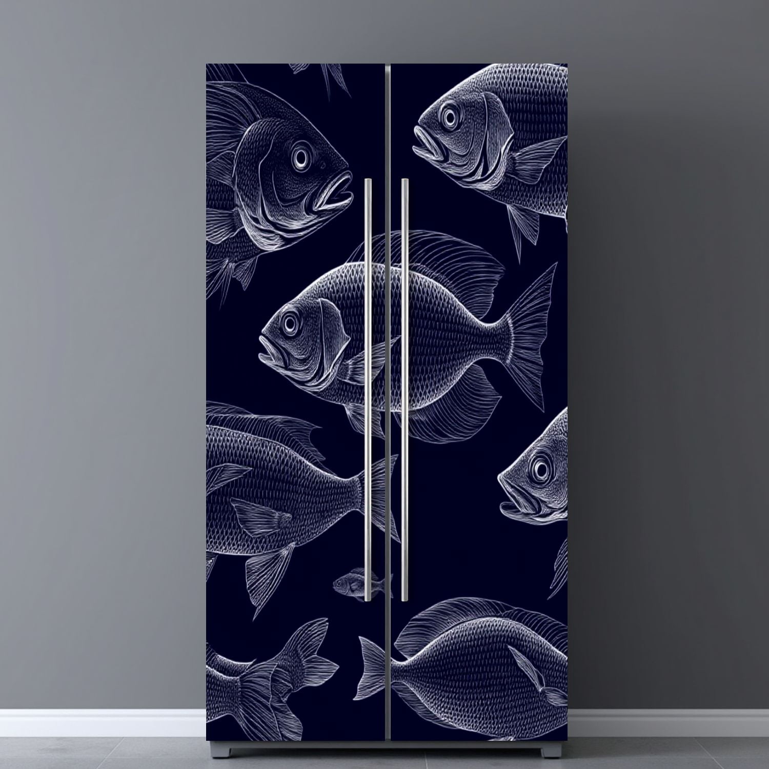Self Adhesive Vinyl Refrigerator Wrap Set Detailed Fish Swimming Dark Patterned Door Mural Removable Fridge Sticker Peel and Stick&nbsp;Full Door Cover Decal Kitchen Bar Decor