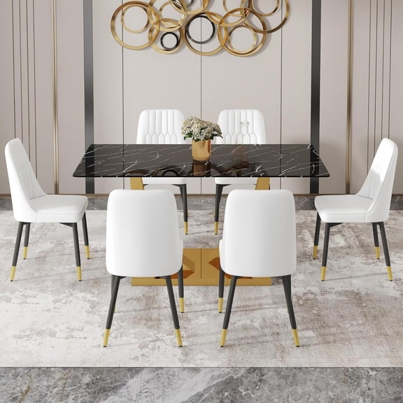 TesNus Dining Table Set for 6, 63" Black Faux Marble Glass Top with Gold U-Shaped Base and White PU Chairs for Dining Room Kitchen