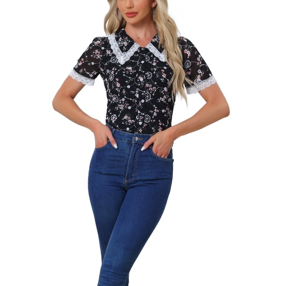 CAMISA CHIC Floral para Mujeres de Manga Corta con Cuello Peter Pan de Encaje y Botones Frontal Color Negro Talla M