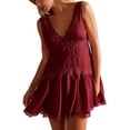 thumbnail image 3 of Women's Lace for Mini Dress Slip Dress V-Neck Summer Y2k Ruffle Hem Flowy Swing Boho Short Dresses Wine Red S, 3 of 8