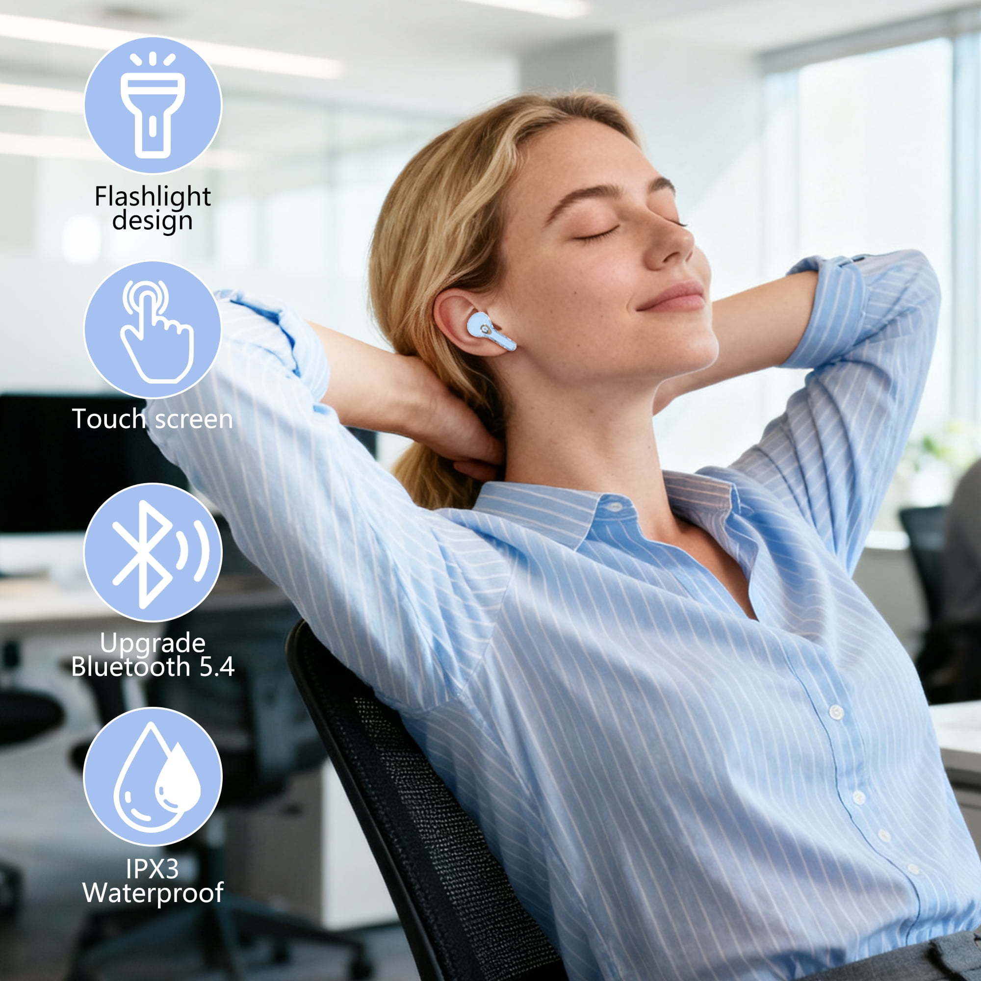 ENC Wireless Bluetooth Earphone, Smart Touch Screen Headphone, 24h Playtime for Sports & Working, Stereo Sound Headphone for iOS/Android/Windows, Blue