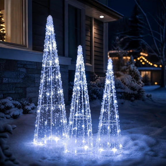 Gymax Set of 3 Pre-lit Christmas Cone Trees w/Star Strings 90 Cold White LED Lights Cold White