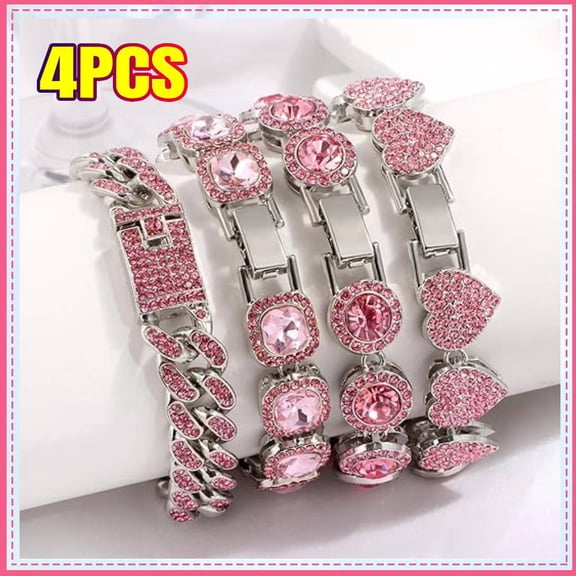 4PACK Gold Bracelets for Women Clustered Tennis Bracelet for Women, Heart Round Diamond Cuban Bracelet Layered Link Bracelet Fashion Jewelry Set