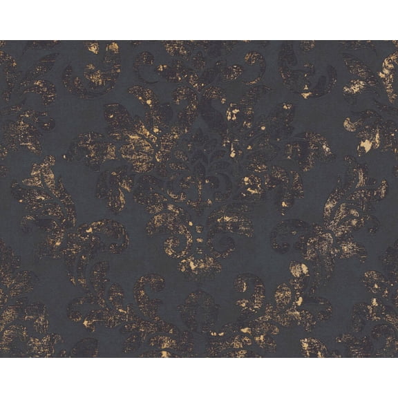 Concord Wallcoverings Textured Wallpaper Damask Classic Ornament, Black Gold, 21 In x 33 Ft (56 sq. ft), 374132