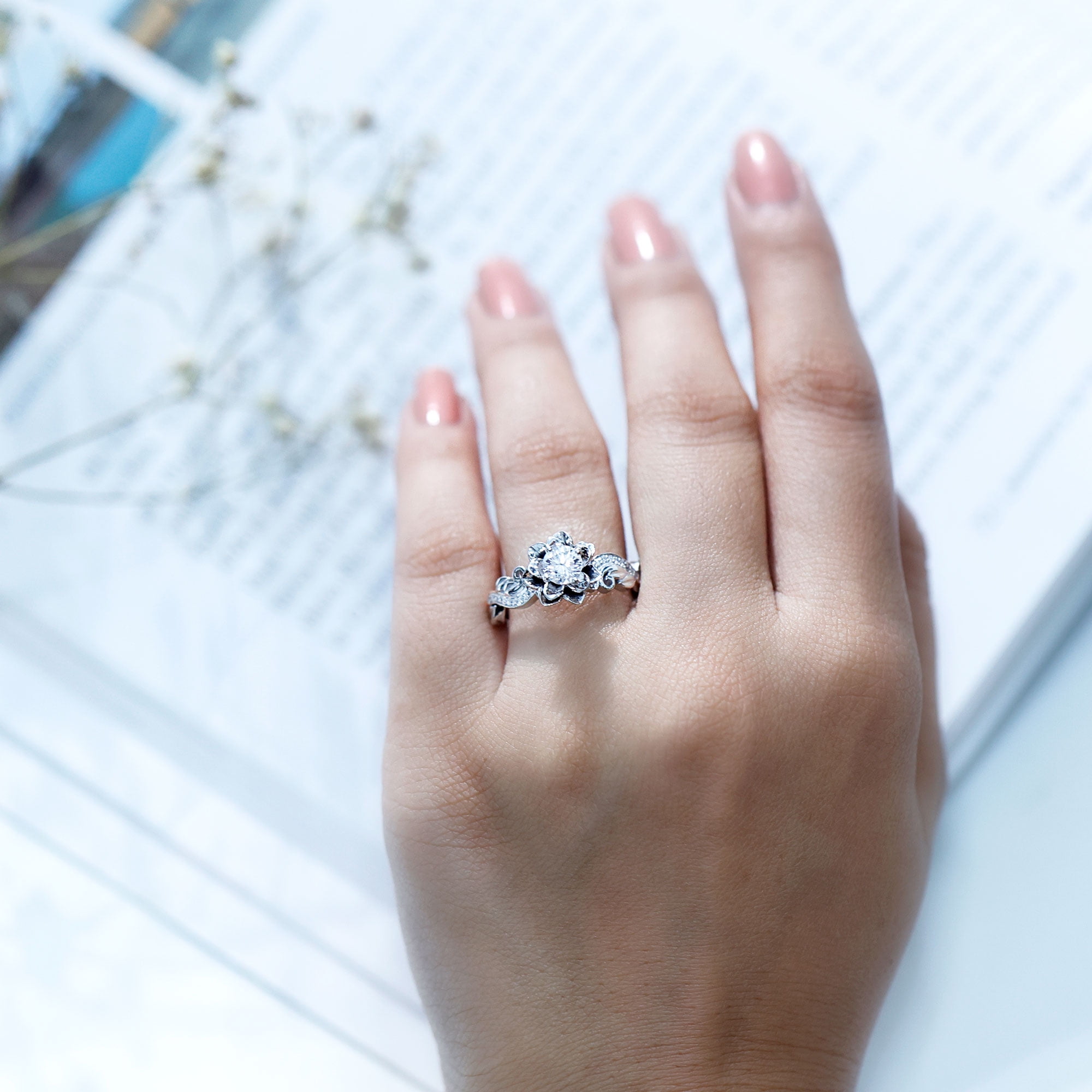 Rosec Jewels 925 Sterling Silver Moissanite Ring (Half Carat, D-VS1 Grade) - Nature Inspired Engagement Ring - Ready to Gift, US 8.00