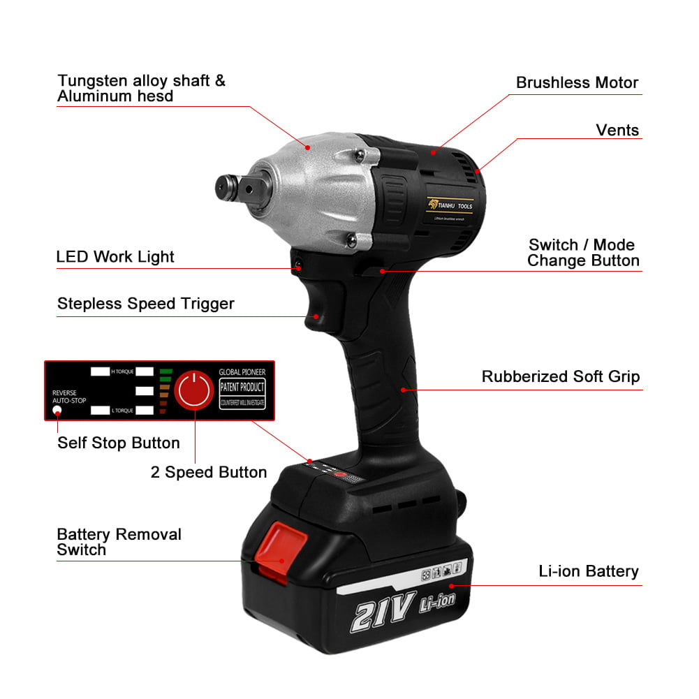 330nm Electric Wrench Drive with 2 1 Battery + 1 Charger + Plastic Box 98vf Li-Lon Battery,Car Brushless Cordless Electric Impact Wrench with Accessories 1/2 in 21V Impact Wrench 