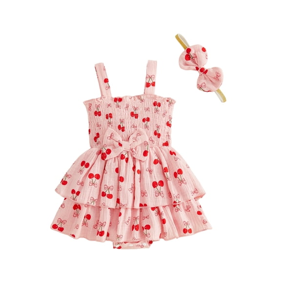 BemeyourBBs Newborn Baby Girl Smocked Romper Dress Summer Outfit Strap Sleeveless Square Neck Daisy Cherry Print Layered Ruffled Dress and Bow Headband 2Pcs Clothes Set
