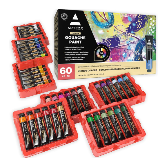 Arteza Acrylic Gouache Paint, Matte Finish, Multicolor, Set of 60, 12 mL