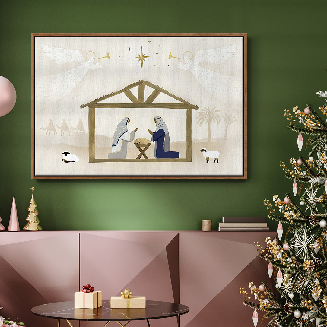 Away in a Manger Collection A - Framed Gallery Wrapped Holiday Canvas - 17 x 25 - Rosewood Frame