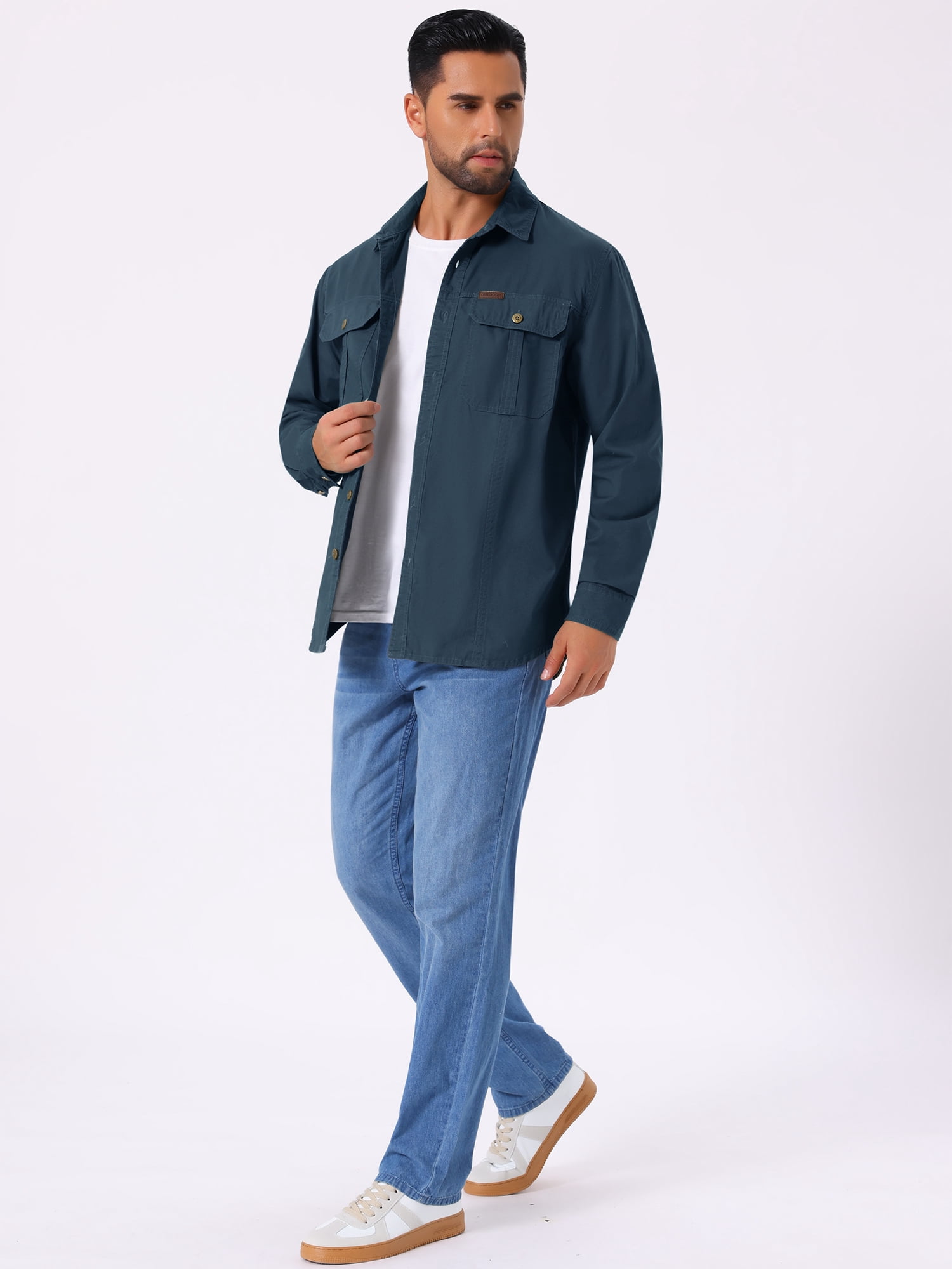 DARING DIVA Men's Casual Workwear Long Sleeve Button Down Hiking Shirts L Dark Blue