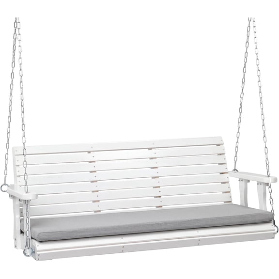 QHTER Heavy Duty 880 LBS Patio Wooden Porch Swing Outdoor with Extra Cushion, Farmhouse Hanging Bench Tree Swing with Adjustable Chains for Yard | Garden | Lawn | Balcony (5 FT, White)