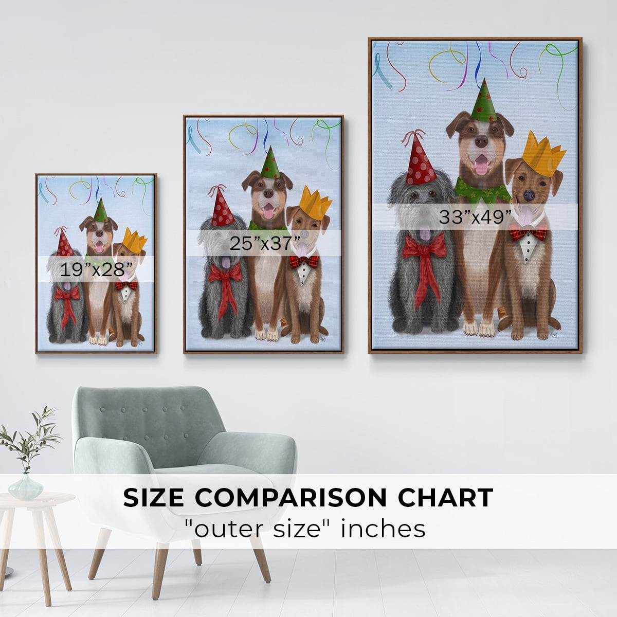 Christmas Party Mutts - Framed Gallery Wrapped Holiday Canvas - 27 x 41 - Rosewood Frame
