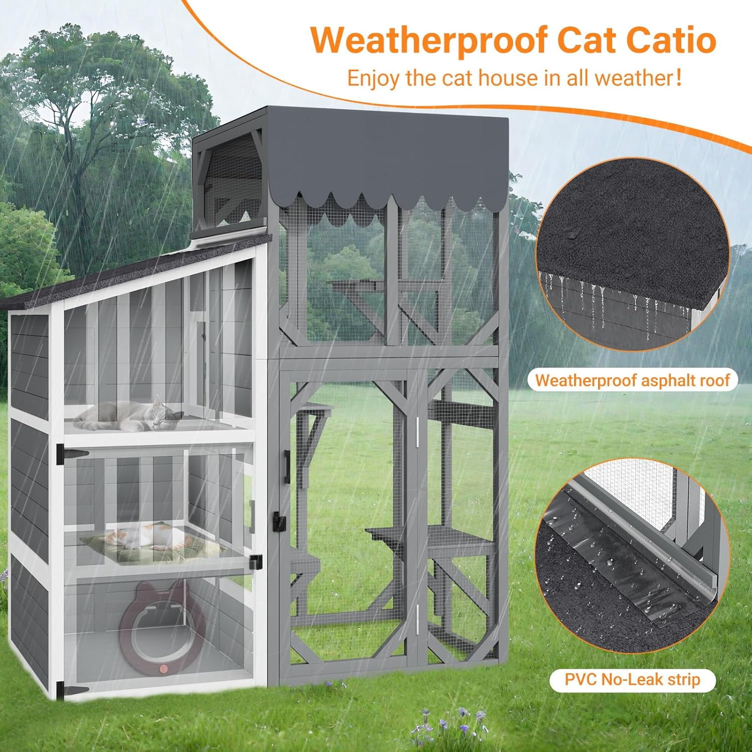 HomeSheek 3-Tier 69" H Outdoor Cat Enclosure, Weatherproof Roof, Window Access & Adjustable Two-Way Hole, Large Feral Shelter Indoor/Outdoor Use