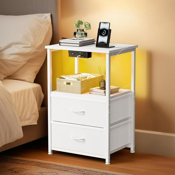 Nightstand with Charging Station and LED Lights, Small Night Stand for Bedroom with Fabric Drawer and Storage Shelf, End Table with Waterproof Top, Easy Assembly, White