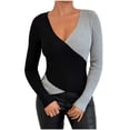 thumbnail image 1 of ShomPort Women's Fall Winter Wrap Sweater V-Neck Color Block Long Sleeve Soft Blouses Knitted Ribbed Going Out Trendy Tees Tops, 1 of 2