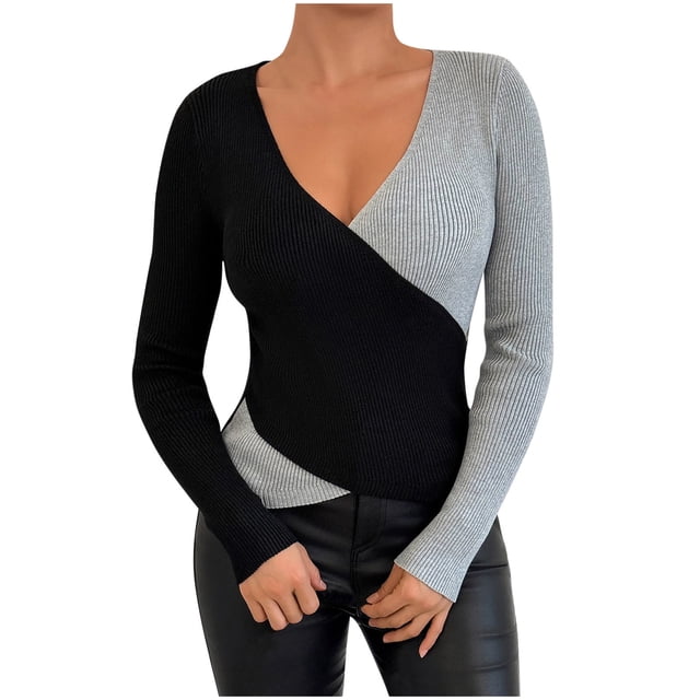 ShomPort Women's Fall Winter Wrap Sweater V-Neck Color Block Long Sleeve Soft Blouses Knitted Ribbed Going Out Trendy Tees Tops