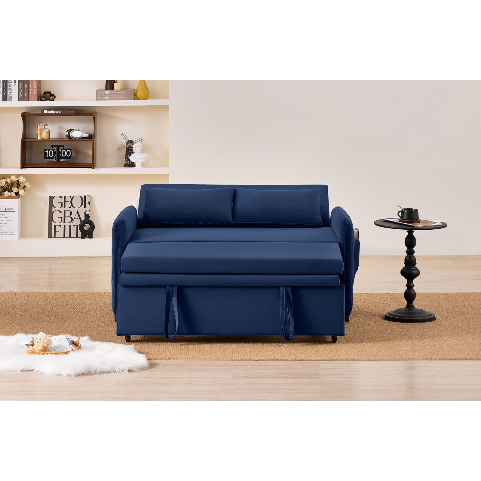 Leumius 3 in 1 Convertible Sleeper Sofa Bed, Modern Convertible Sofa Bed with 5-Position Adjustable Backrest,Velvet Pull Out Couch with Pull Out Bed for Living Room Furniture,Blue