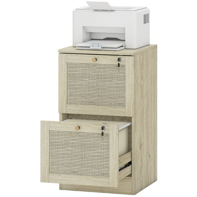 CoSoTower 2 Drawer Filing Cabinet with Lock, Boho File Cabinet for A4 Letter Size Files with Decorative Rattan Accents, Oak