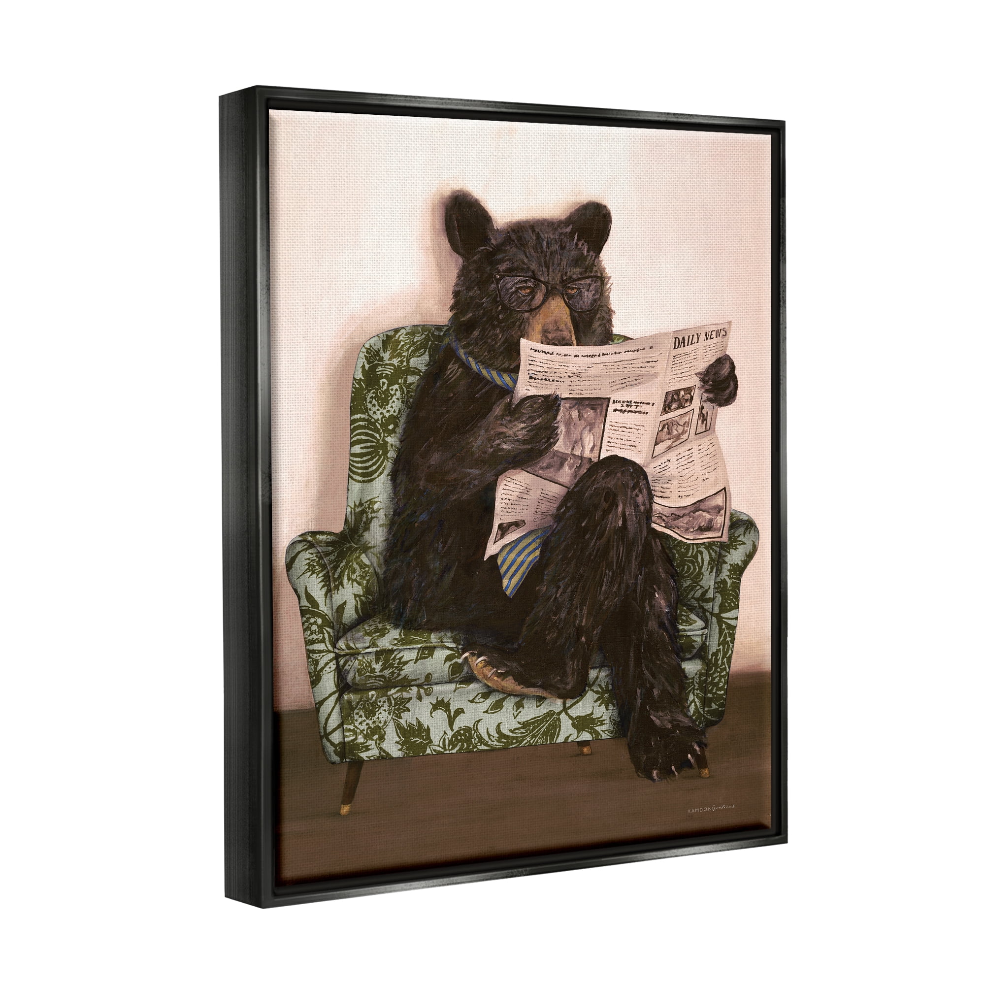 Stupell Industries Bear Reading Newspaper Animals & Insects Painting Black Floater Framed Art Print Wall Art, 17 x 21