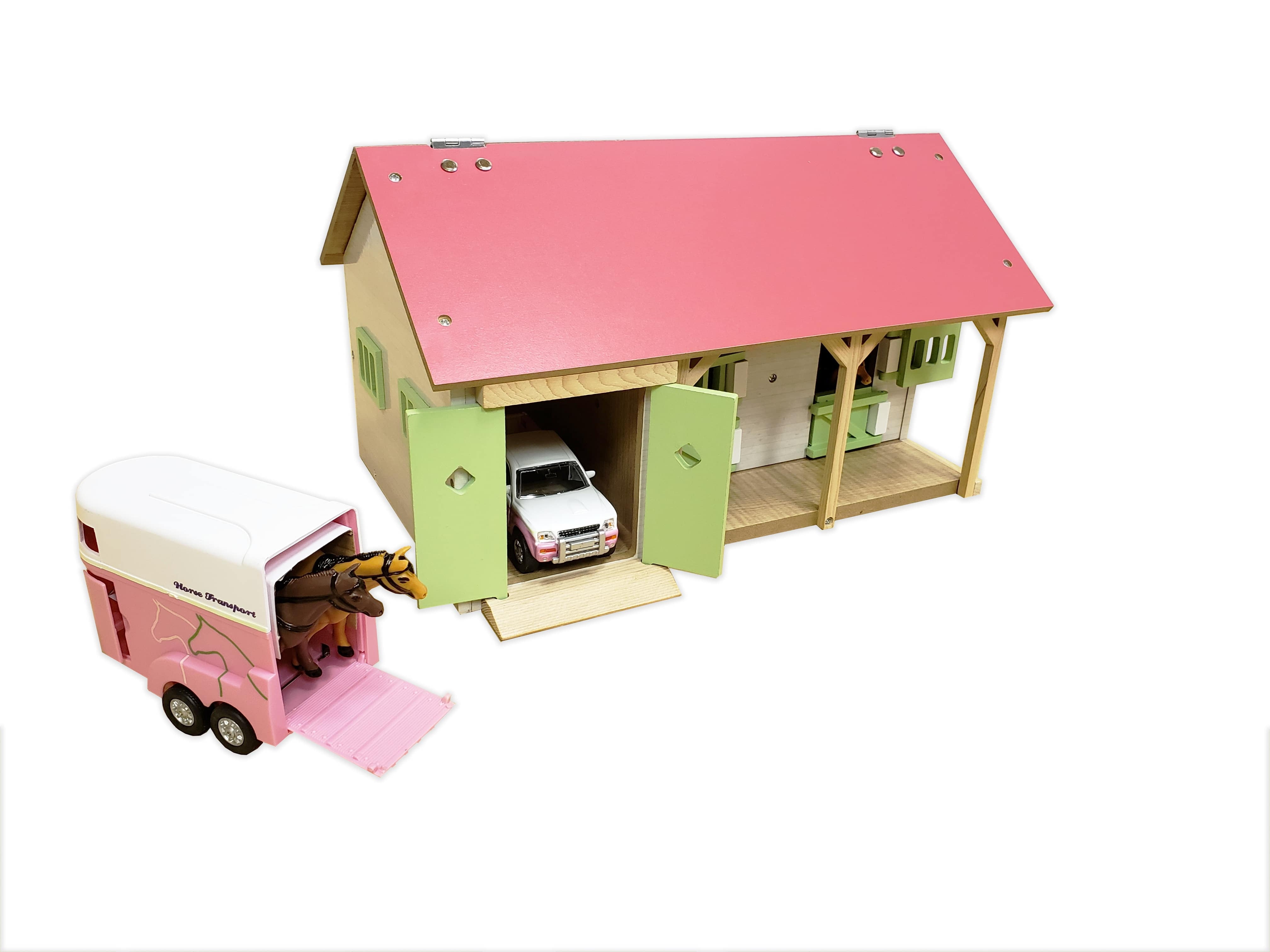 Kids Globe 132 Scale Wooden Horse stable Toy With 2 Stalls Pink/White