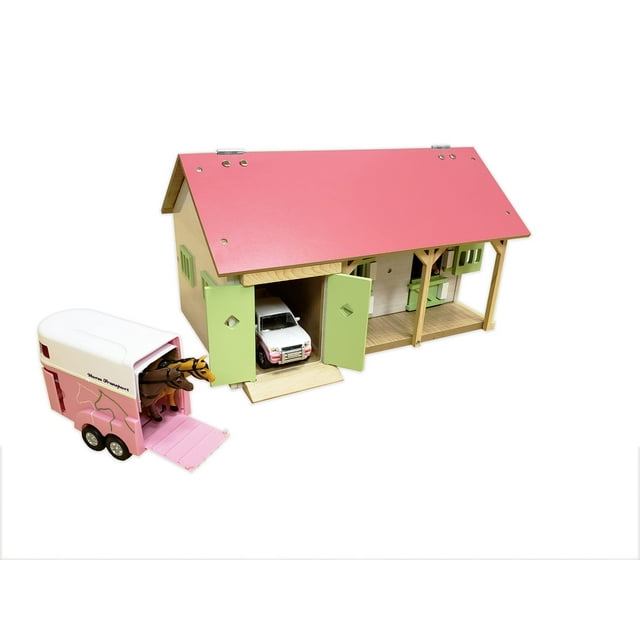 Kids Globe 132 Scale Wooden Horse stable Toy With 2 Stalls Pink/White