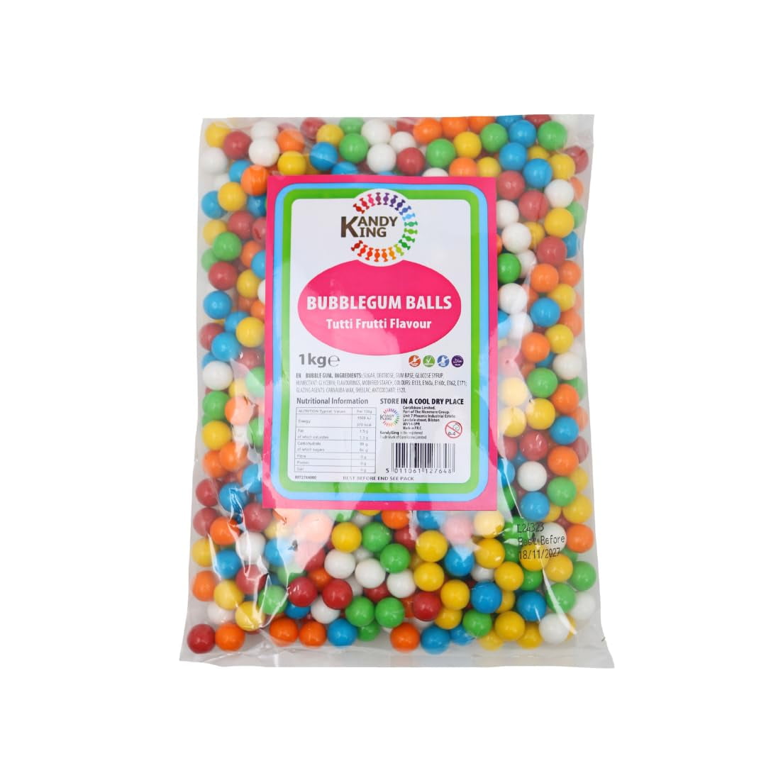 Tutti Frutti Bubblegum Balls 1KG Bag 12mm Diameter 630 Gumballs Gluten-Free Dairy Free Halal Vegetarian