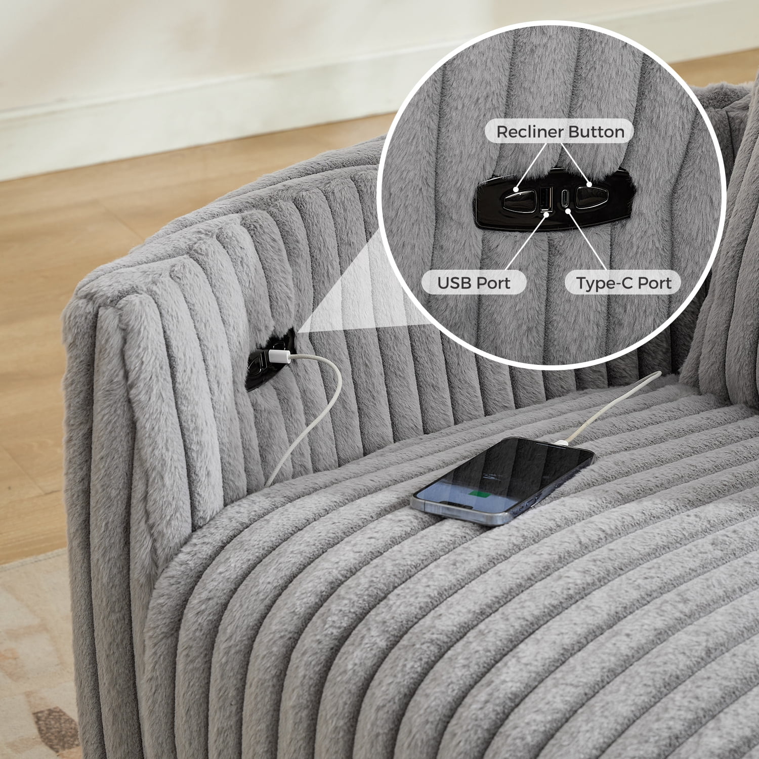 Adult Faux Fur Nursery Power Swivel Glider and USB Recliners with 2 Removable Pillows, Gray