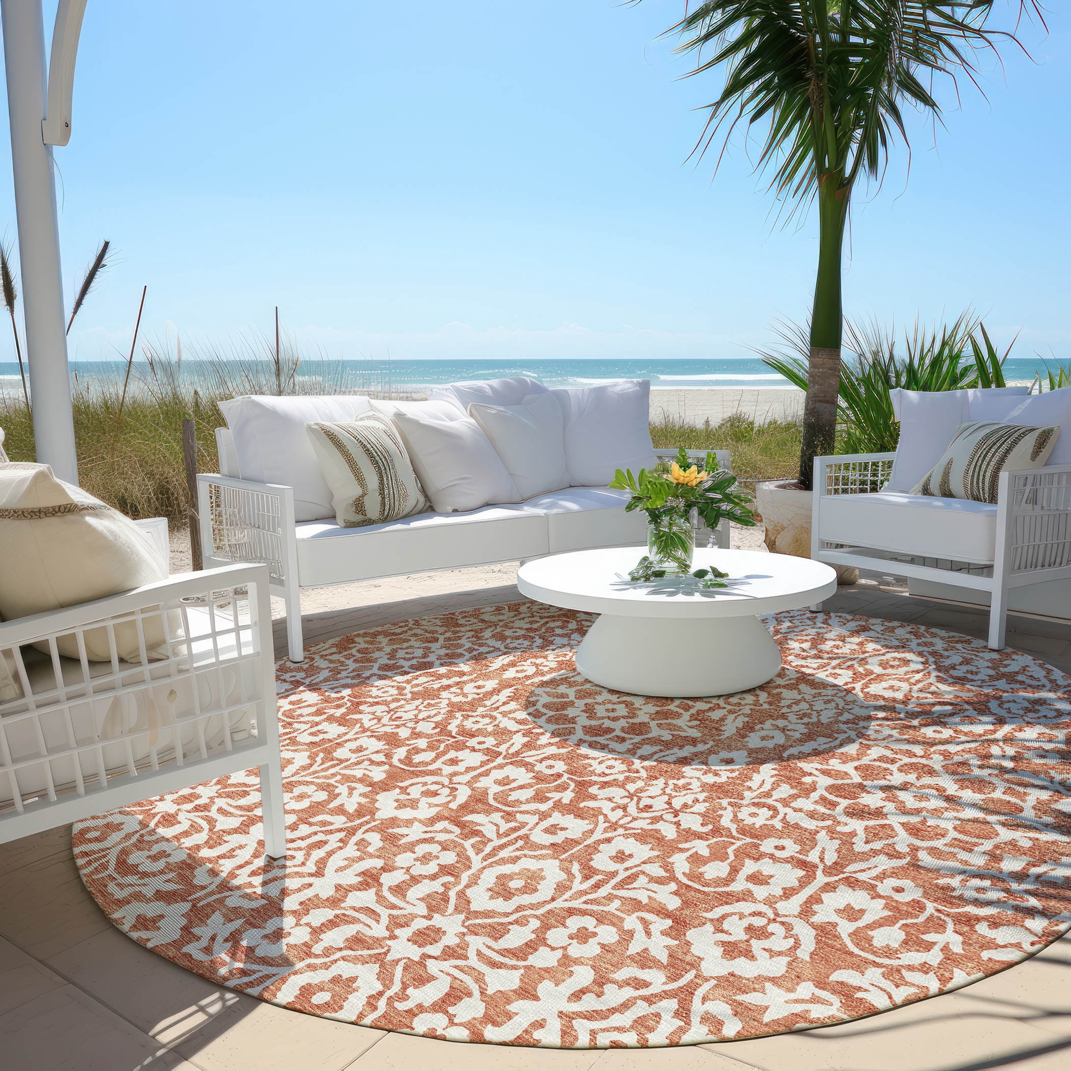 Addison Rugs Chantille Indoor/Outdoor Traditional Damask Coral Washable Round Rug, 8' x 8'