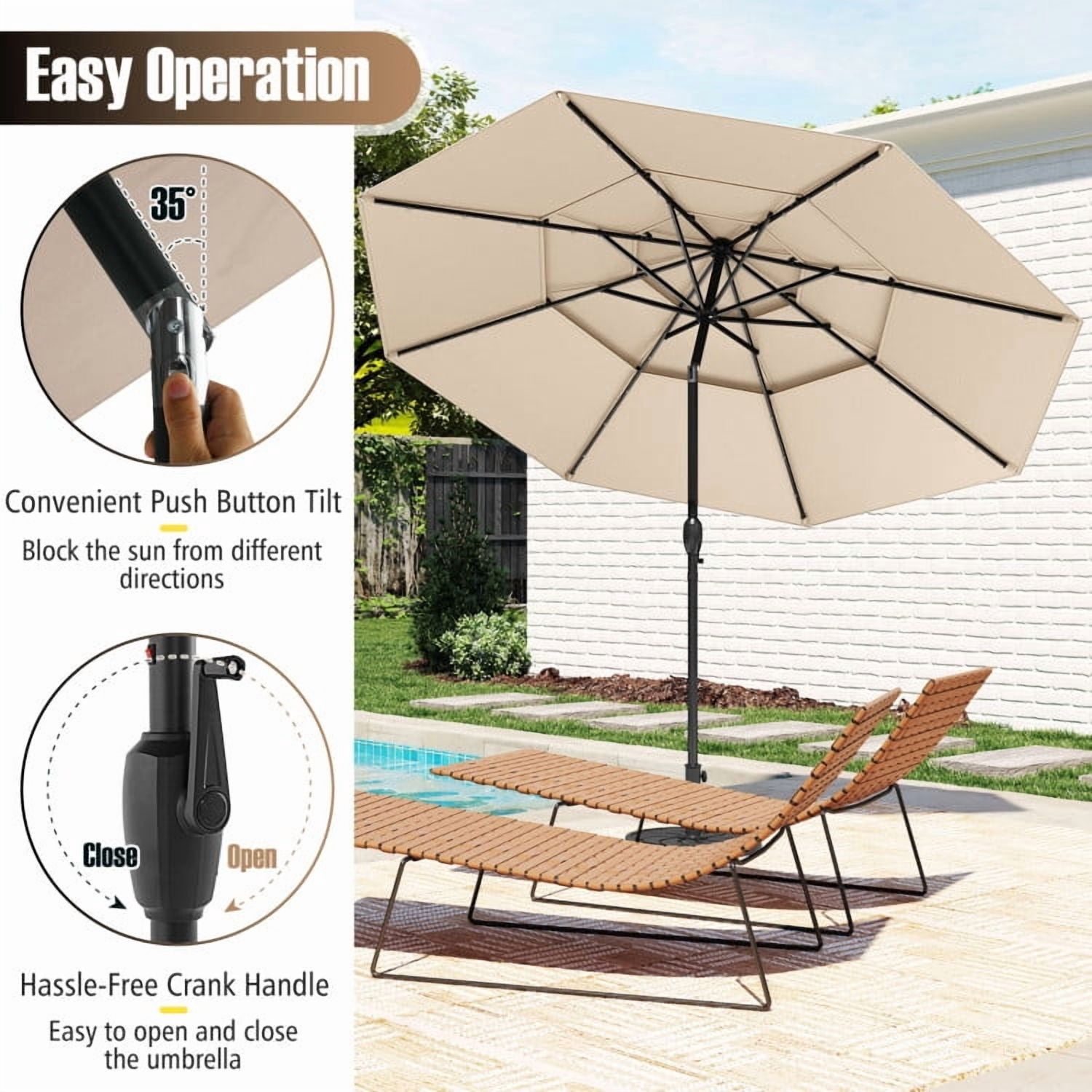 YYAo Outdoor Garden Umbrella,Market Umbrella,10 Feet Solar Patio Umbrella with 32 LED Lights 3-Tier Vented Top-Beige