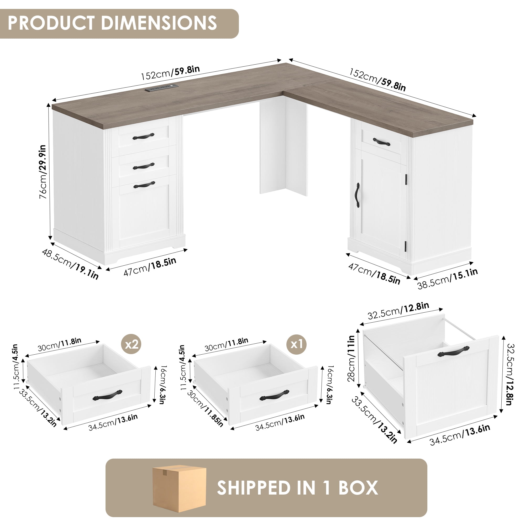 Homfa 59.8‘’W L-Shaped Computer Desk with 4 Drawers and Outlets, Modern White Study Writing Table Desk for Home Office，White