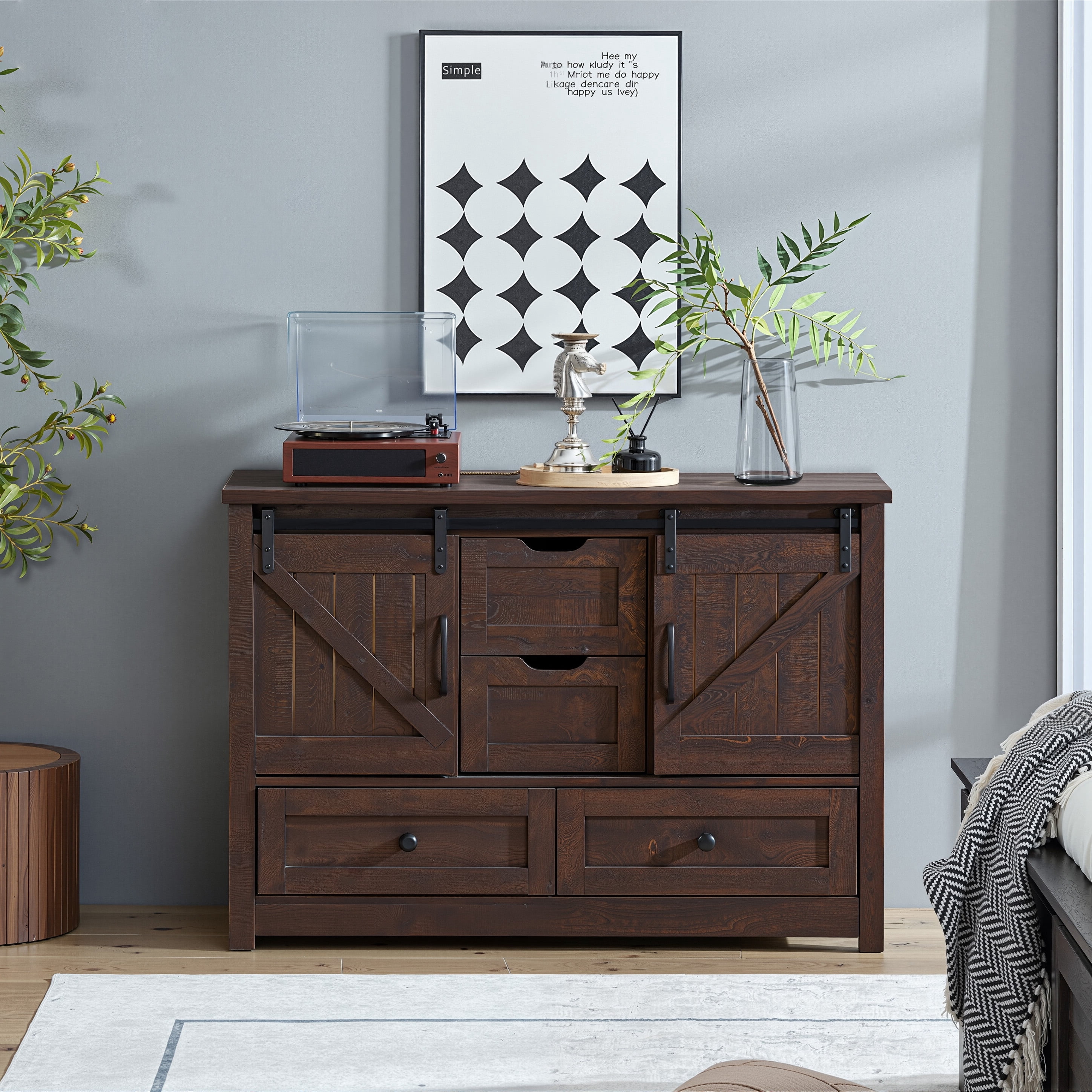BOSHIRO 4-Drawer Double Sliding Barn Door Dresser, Espresso Brown, Farmhouse Wide Chest for Bedroom and Living Room