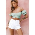 thumbnail image 3 of Women's Ruffle Short Sleeve Tie Up Back Crop Top Off Shoulder Bardot Blouse,Mint Green,L, 3 of 7
