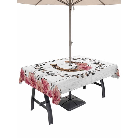 Outdoor Tablecloths with Umbrella Hole & Zipper, Pink Roses 60 x102 Inch Rectangle Tablecloths, Spring Horseshoes Floral Leaves Gray Wood Waterproof Table Cloth, Patio/Pool/Picnic Table Covers
