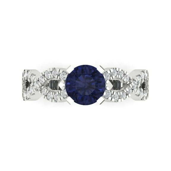 1.42 ct Round Cut Simulated Blue Sapphire Solitaire with Simulated Diamond Accents 14K White Gold Womens Engagement Ring